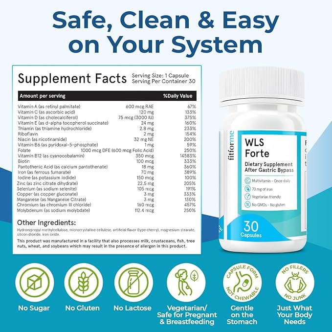 FitForMe Bariatric Multivitamins with Iron After Gastric Bypass - One a Day WLS Forte Capsule - 90 Days Supply of Vitamins &amp Minerals Scientifically Proven