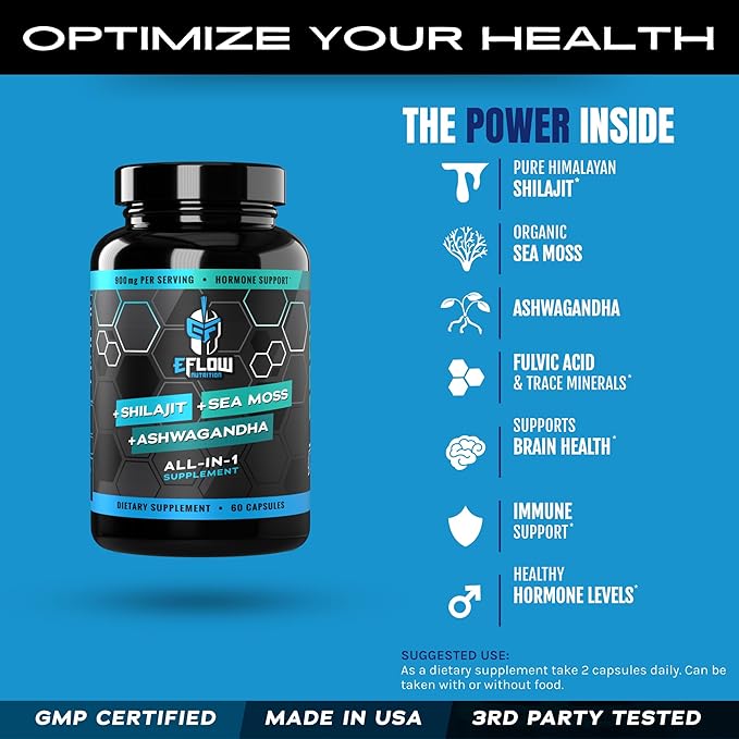 eFlow Nutrition Shilajit Capsules Ashwagandha Sea Moss [All-in-1] Trace Minerals Fulvic Acid Lab Tested Pure Himalayan Shilajit for Men &amp Women | Energy Vitality &amp Hormonal Support (60 Ca