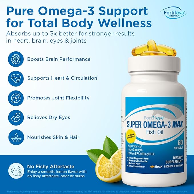 Fortifeye Super Max Omega-3 Fish Oil 60Count 2400mg Made in Norway - High Potency rTG Form Omega 3 Supplement with EPA &amp DHA Fish Oil Capsules for Heart Brain Joint Eye Function Natural Lemon Fl