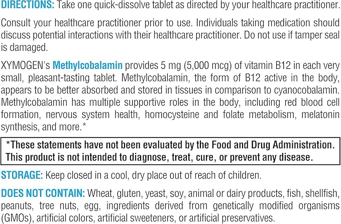 XYMOGEN Methylcobalamin - 5 mg Vitamin B12 - Supports Healthy Methylation Neurological Health &amp Red Blood Cell Formation - Non-GMO &amp Gluten Free - 60 Quick-Disssolve Tablets