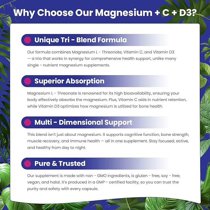 Magnesium L-Threonate3200mg/serving | High Absorption Magnesium for Brain Health Focus Calm &amp Sleep Support | Non-GMO Gluten Free Vegan Supplement for Men &amp Women