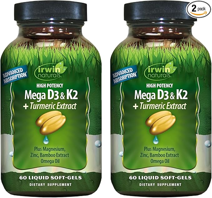 Irwin Naturals High Potency Mega D3 &amp K2 + Turmeric Extract — 60 Liquid Soft-Gels - 2 Pack
