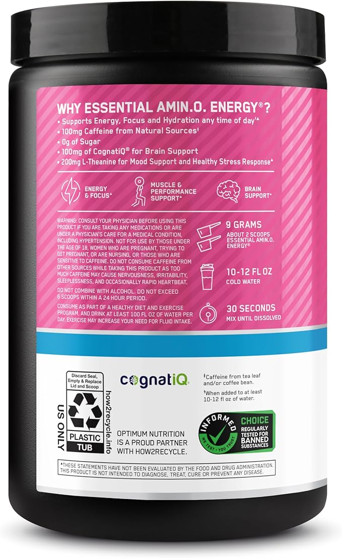 Optimum Nutrition Amino Energy Powder Plus Focus with BCAA Electrolytes and Caffeine Watermelon 30 Servings (Packaging May Vary)