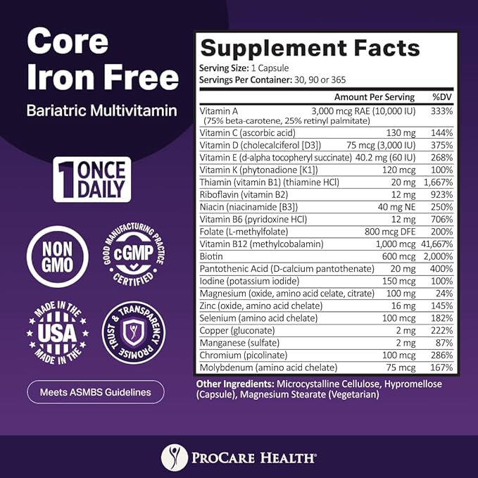 Procare Health Bariatric Multivitamin with Iron Free (30 Fast Dissolving Veggie Capsule) - Bariatric Vitamins for Gastric Sleeve &amp Gastric Bypass Bariatric Multivitamin Without Iron (1 Month Supp