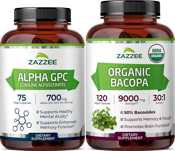 Zazzee Herbal Mind &amp Memory Support Bundle | USDA Organic Bacopa 30:1 Extract Plus Alpha GPC Choline Capsules | Non-GMO Vegan &amp ISO Lab Tested