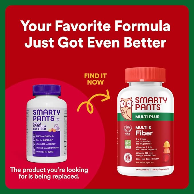 SmartyPants Fiber Supplement &amp Multivitamin for Men &amp Women: Multivitamin Fiber Gummies with Vitamin D3 C Vitamin B12 B6 A K &amp Zinc Omega 3 Fish Oil (EPA/DHA) Biotin 180 Count (30