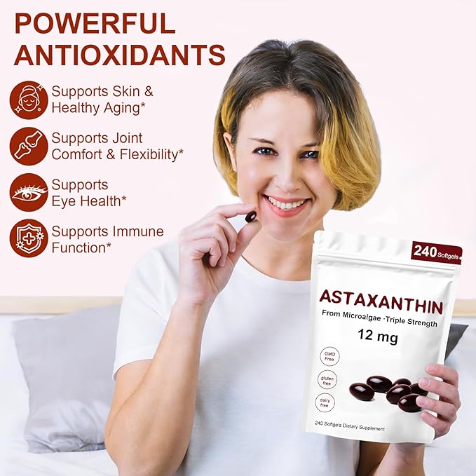 Astaxanthin 12mg Premium Astaxanthin Antioxidant Supplements with Antioxidant Activity Supports Eye Immune Skin Health Internal Circulation-240 Softgels