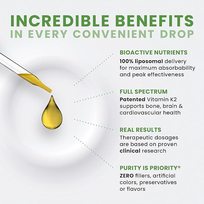 Pure Therapro Rx Ultimate K2 Supplement | Liquid Liposomal Vitamin K2 Drops | 90 Servings | 600mcg Vegan K2 as MK4 &amp MenaQ7 MK7 | Supports Bone Health Heart Health Skin &amp Hair | 10 mL