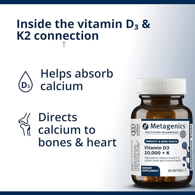 Metagenics Vitamin D3 + K - for Artery Health Immune Support Bone &amp Heart Health* - Vitamin D with MK-7 (Vitamin K2) - Non-GMO - Gluten-Free - 60 Softgels - 10000 IU