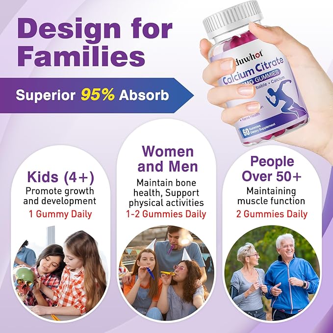 duwhot Calcium Citrate Gummies Chewable Calcium Citrate 1000mg For Bone Muscle &amp Immune Support High Absorption Calcium Supplements for Women &amp Men Kids Blueberry FlavorVegan Organic 1