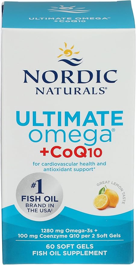 Nordic Naturals Ultimate Omega + CoQ10 Lemon - 60 Soft Gels - 1280 mg Omega-3 + 100 mg CoQ10 - Heart Health Cellular Energy Antioxidant Support - Non-GMO - 30 Servings