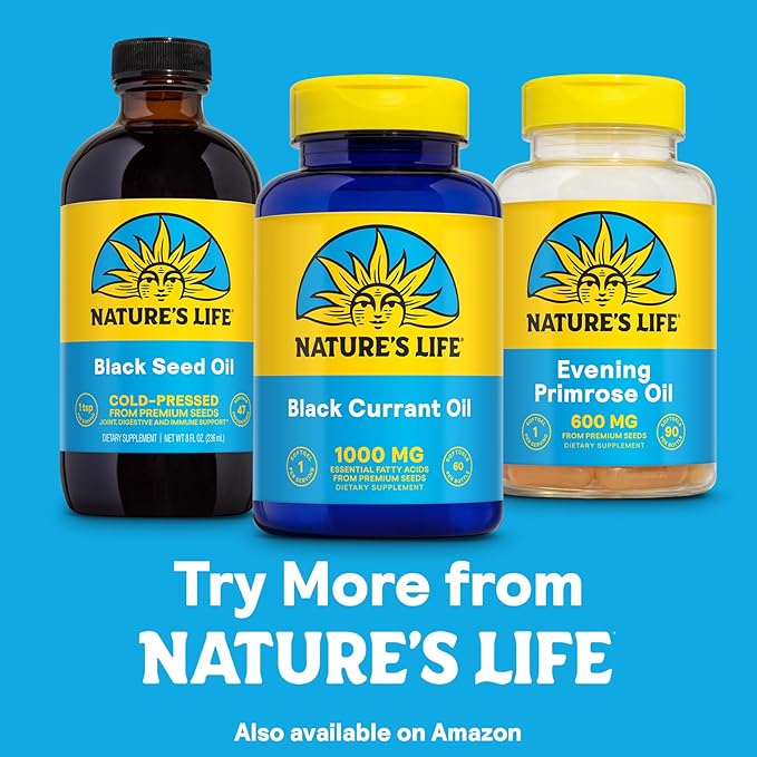 NATURE'S LIFE Black Currant Seed Oil 1000mg - Black Currant Oil Natural Source of Omega 6 Gamma Linolenic Acid (GLA) and Omega 3 Alpha-Linolenic Acid (ALA) 60-Day Guarantee 60 Servings 60 Softgels