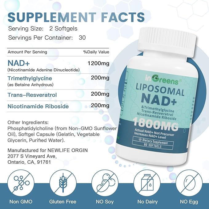 Liposomal NAD+ Supplement 1800 mg with Nicotinamide Riboside Trans-Resveratrol &amp Trimethylglycine – NAD+ Nutrient Support Formula High-Potency Liposomal Softgels 120 Count