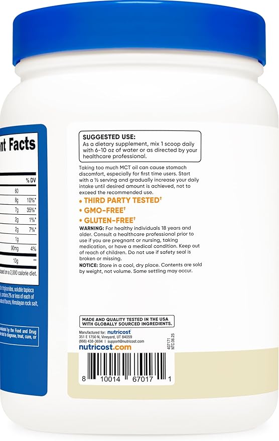 Nutricost Premium MCT Oil Powder (1 LB Vanilla) - Best for Keto Ketosis and Ketogenic Diets - Zero Net Carbs Non-GMO and Gluten Free Medium Chain Triglyceride