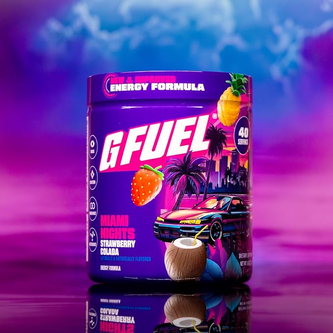 G Fuel Miami Nights 2.0 Energy Drink Powder Pre Workout Caffeine Mix for Gaming Sugar Free Focus Amino Vitamin + Antioxidants 8.7oz (Strawberry Pina Colada 40 Servings)