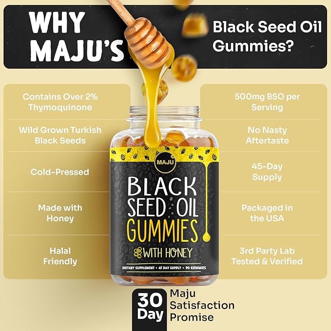 MAJU's Black Seed Oil Gummies with Honey 90ct 500mg BSO Gummy Black Cumin Seed Nigella Sativa Oil Cold-Pressed Potent Formula 90ct