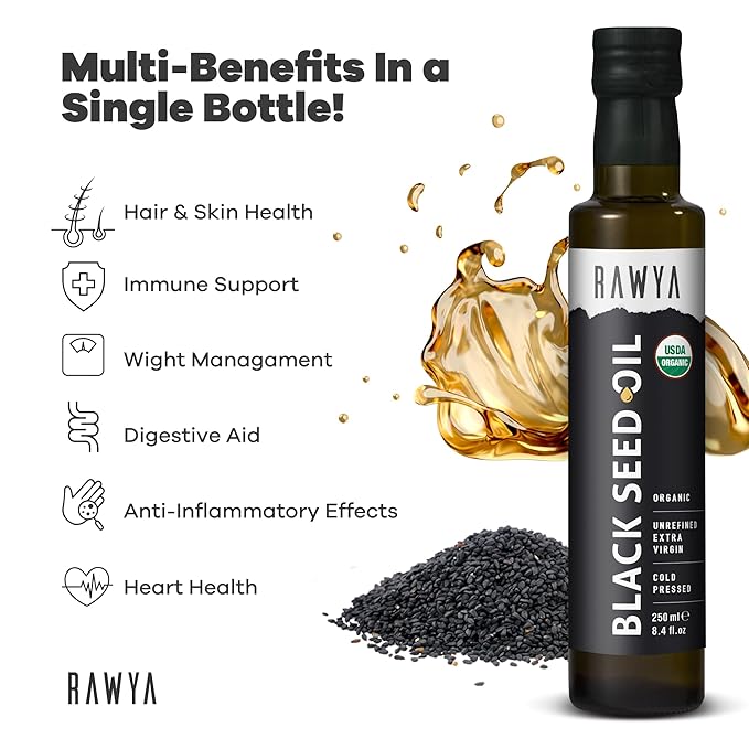 RAWYA Black Seed Oil | Extra Strong Taste With TQ Cold Pressed Nigella Sativa Non-GMO Glass Bottle + RAWYA Black Pit Oil - Unrefined Premium With TQ Cold Pressed Natural 8.4 Fl Oz