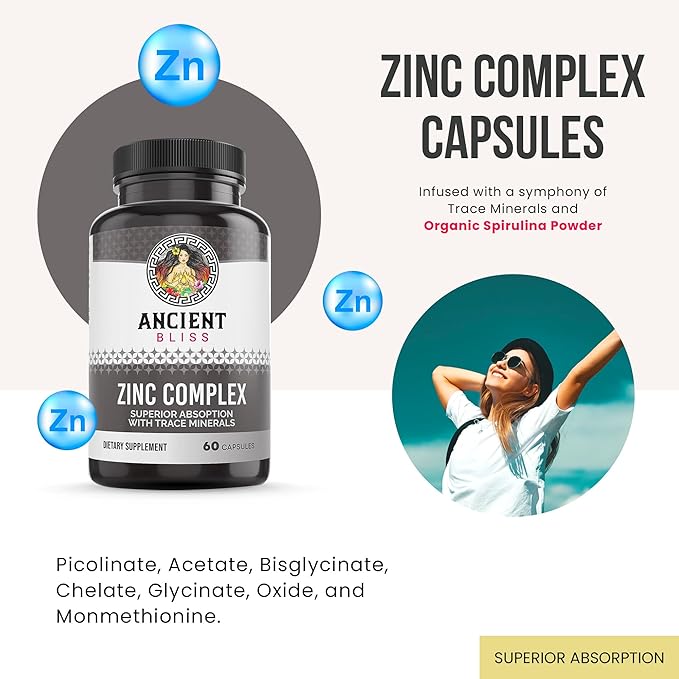 Zinc Complex Capsules with Enhanced Absorption Antioxidant &amp Immune Support Supplement Zinc Supplement for Men &amp Women by Ancient Bliss (60 Capsules)