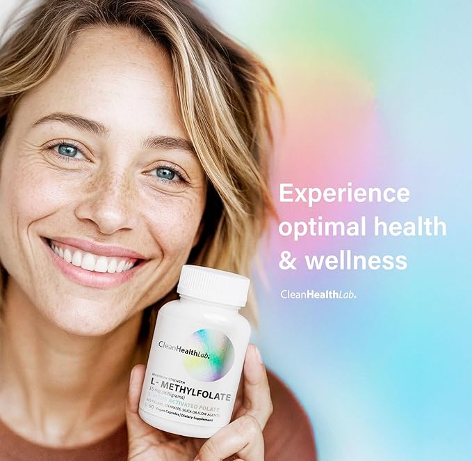CleanHealthLab L-Methylfolate 15mg 5-MTHF Active Folate - Maximum Potency Methylated Vitamin B9 Supplement - Support for Brain Health Energy Nerves and Methylation with No Fillers (90 Count)