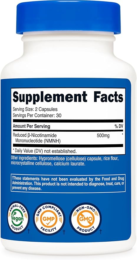 Nutricost NMNH Supplement (500mg) 60 Capsules - Reduced β-Nicotinamide Mononucleotide Vegan GMO-Free Gluten-Free 30 Servings