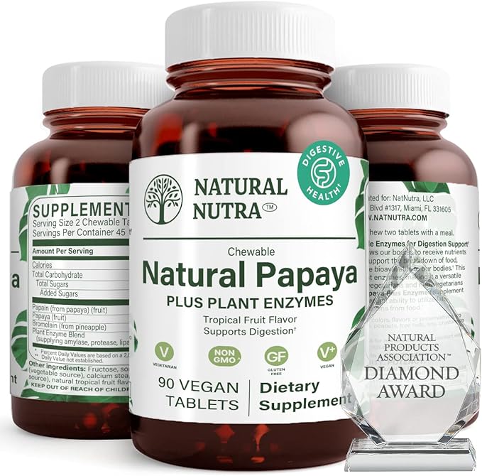 Natural Nutra Papaya Chewable Enzymes for Digestion and Body Cleanse - Supports Digestive Health Ease Gastrointestinal Discomfort - Nutrient Absorption and Reduces Bloating - 90 Vegan Tablets