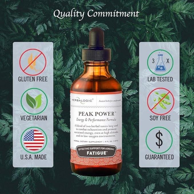 Herbalogic - Peak Power Liquid Herb Drops - Stimulant-Free Natural Energy Formula to Combat Adrenal Fatigue &amp Improve Physical Stamina - Contains American Ginseng &amp Astragalus - 4 Fl. Oz.