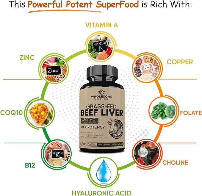 Grass Fed Desiccated Beef Liver Capsules (180 Pills 750mg Each) - Natural Iron Vitamin A B12 for Energy + Super-Absorb Multi Collagen Pills (Type I II III V X) Organic Herbs and Bioperine Bundle