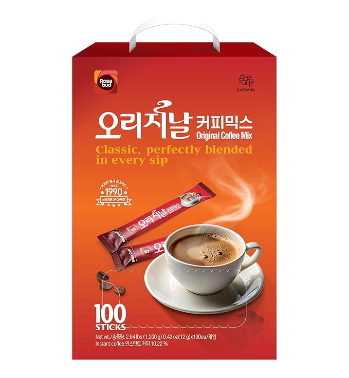 Rosebud Coffee Mix 100 Sticks – Korean Instant 3-in-1 Coffee with Sugar Cream &amp Cocoa – Smooth Sweet &amp Creamy Flavor – Easy to Make Café-Style Coffee Anywhere – Perfect for Home Office Tra