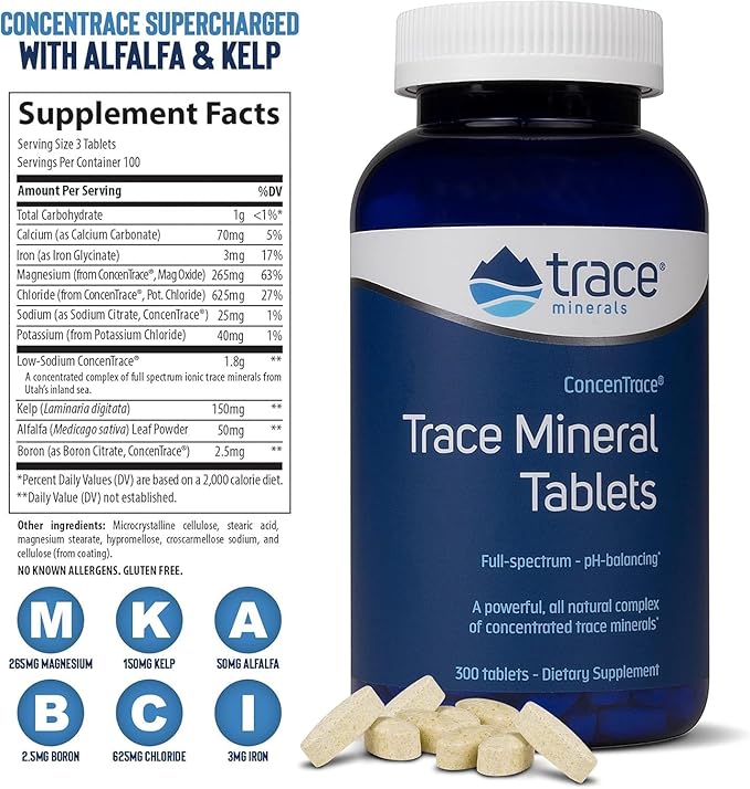 Trace Minerals ConcenTrace Trace Minerals Tablets - Daily Supplement for Overall Wellness - Natural Energy Bone Strength Healthy Connective Tissue &amp Immune System Support - 300 Count (100 Servin