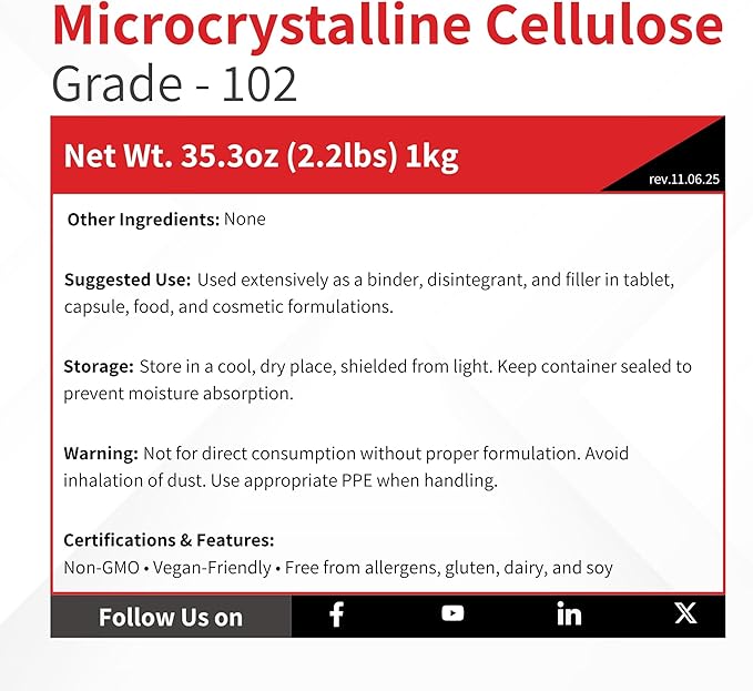 Microcrystalline Cellulose Powder Type 102 USP-NF Grade - 1 kg (2.2 lb) - Tablet Binder Direct Compression DC Excipient Filler