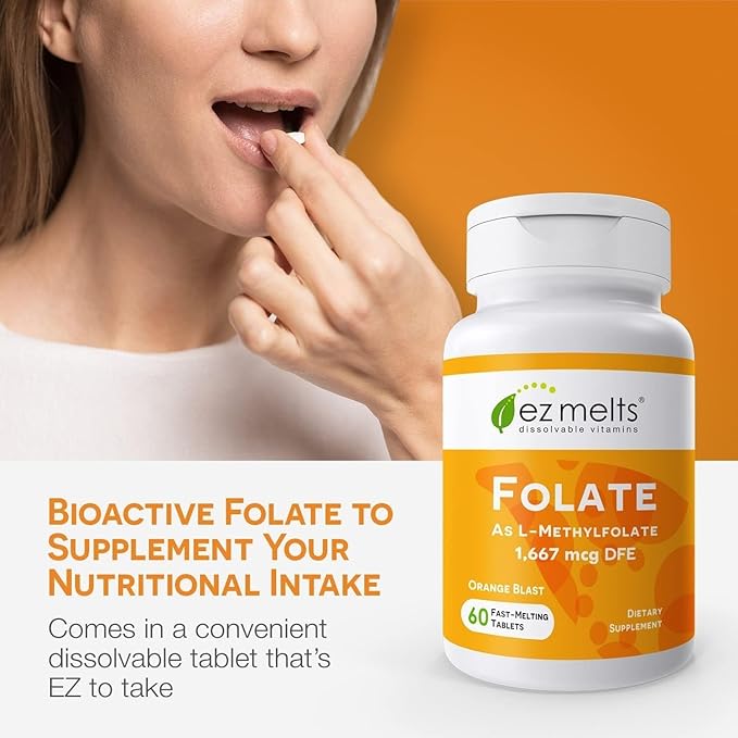EZ Melts Dissolvable Folate 1667 mcg DFE - Methylated Folate Supplement - Heart Health &amp Healthy Fetal Development - Non-GMO Vegan &amp Dairy-Free - Orange Blast -120 Dissolvable Tablets (120 S