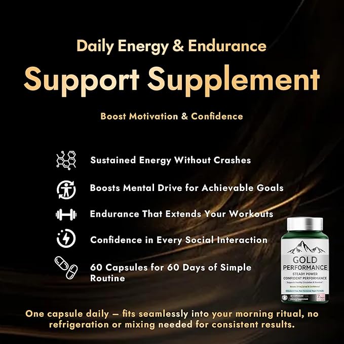 Quantum Gold Performance Capsulas – Daily Energy &amp Endurance Support Supplement | Boost Motivation &amp Confidence | 60 Capsules(1PC)