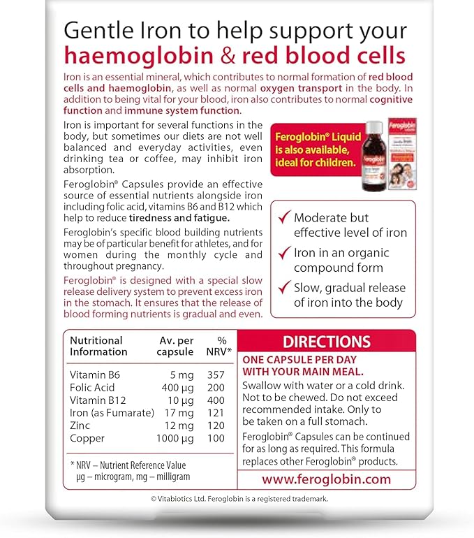UK's Feroglobin Capsules | Gentle Iron - Reduce Tiredness &amp Fatigue (Pack of 2)