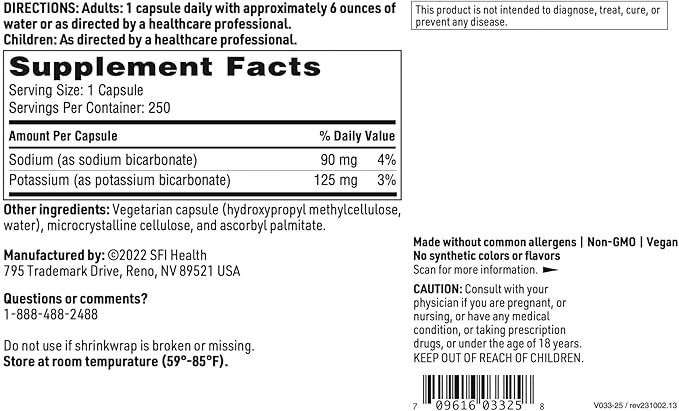 SFI Health Sodium Bicarbonate &amp Potassium Bicarbonate Supplement - Key Components Help Maintain Healthy pH (Acid/Base) Balance - Gastrointestinal Support - Bi-Carb Formula (250 Capsules)