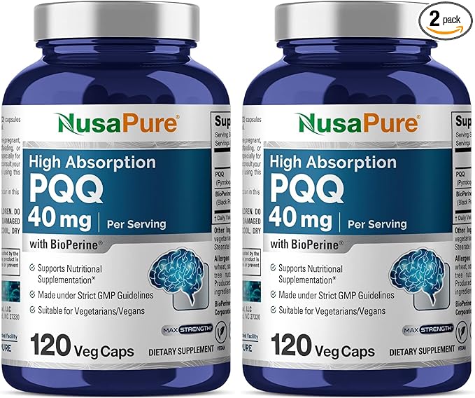 NusaPure PQQ Supplement 40 mg 120 Veggie Capsules Non-GMO Pyrroloquinoline Quinone Disodium Salt Bioperine (Pack of 2)
