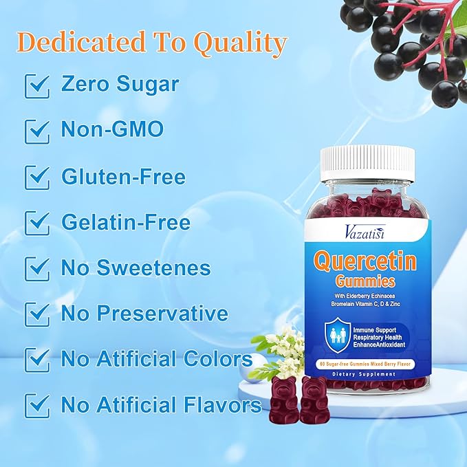 2 Pack Quercetin with Bromelain Gummies Quercetin with Vitamin C Zinc &amp Elderberry for Immune System &amp Allergy Chewable &amp Vegan Gummies Mixed Berry Flavor 120 Cts