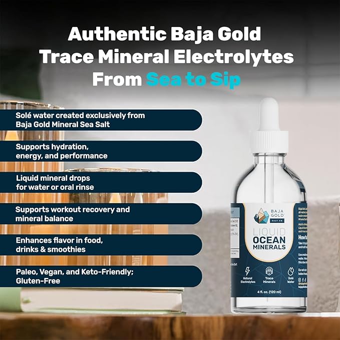 Baja Gold Liquid Ocean Trace Mineral Drops - Ionic Electrolyte Drops for Drinking Water &amp Food Flavor Enhancement - Mineral-Rich Saline Solution &amp Oral Cleanse - 4 fl oz 30-Day Supply