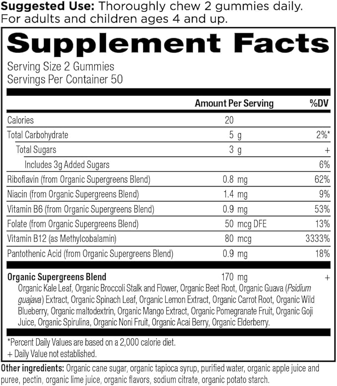 Ancient Nutrition Supergreens Gummy Organic Superfood Gummy Made from Real Fruits Vegetables and Herbs for Digestive and Energy Support 100 Count Strawberry Watermelon