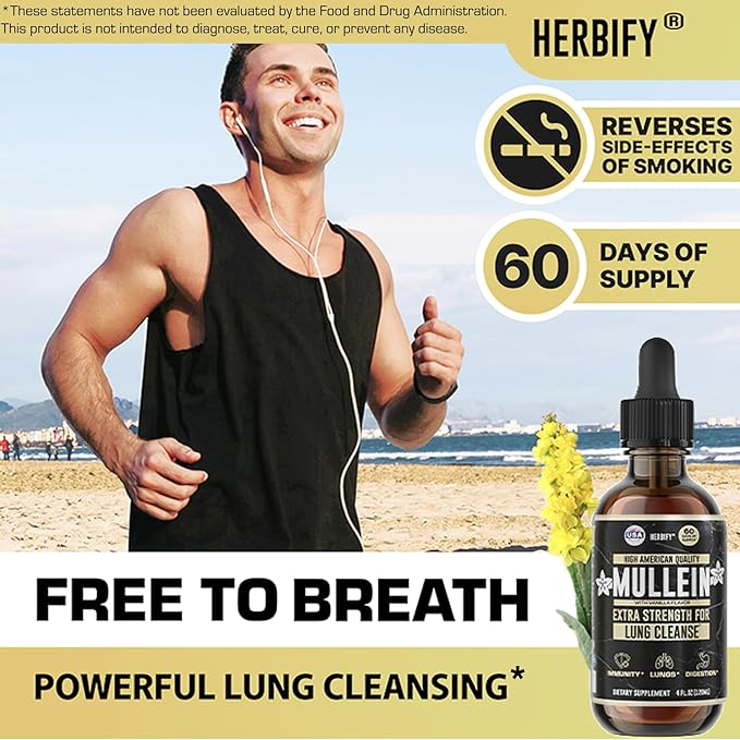 HERBIFY Mullein Drops - Lung Cleanse - Leaf Extract - Powerful Mullein for Immune Support Detox &amp Respiratory Support - Made in USA - 4 Oz Vanilla Flavor