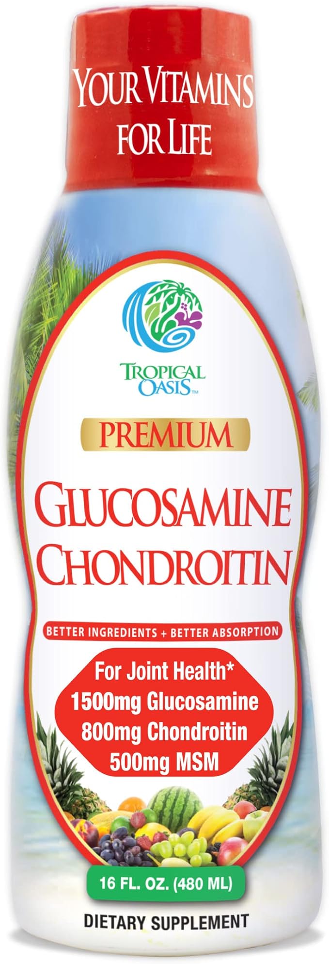 Tropical Oasis–Premium Liquid Glucosamine Chondroitin &amp MSM- Liquid Joint Support Formula 1500mg Glucosamine 800mg Chondroitin &amp 500mg MSM - 16 Fl Oz