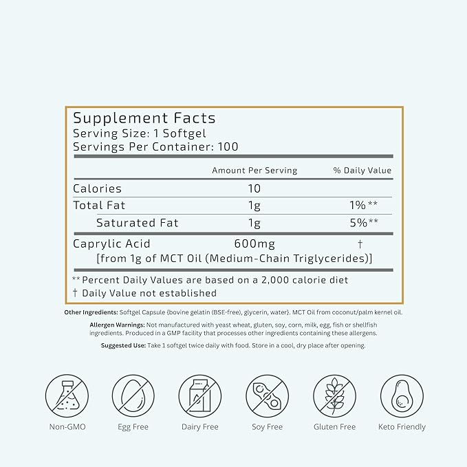 VTC VitaTradingCo. C8 MCT Oil Capsules | Naturally Derived Caprylic C8 Supplement | Coconut Oil Pills | Sustained Energy | Keto Friendly Non GMO | 100 Softgels