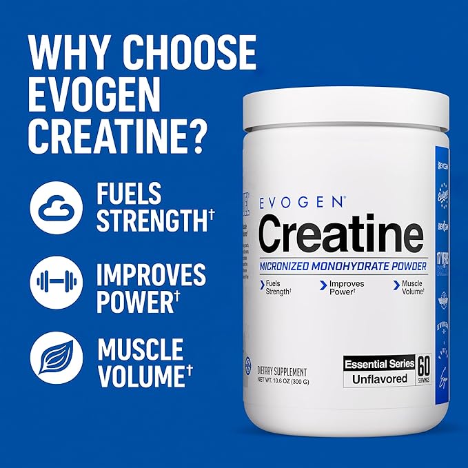 Evogen Creatine Monohydrate Powder - Micronized Creatine for Women &amp Men | Pure Creatine Powder Supplement for Strength Power &amp Recovery | Unflavored | 60 Servings