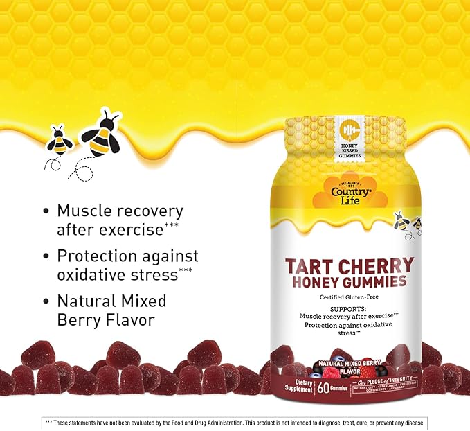 Country Life® Tart Cherry &amp Omega-3 Honey Gummies - Bundle - Non-GMO - Certified Gluten Free