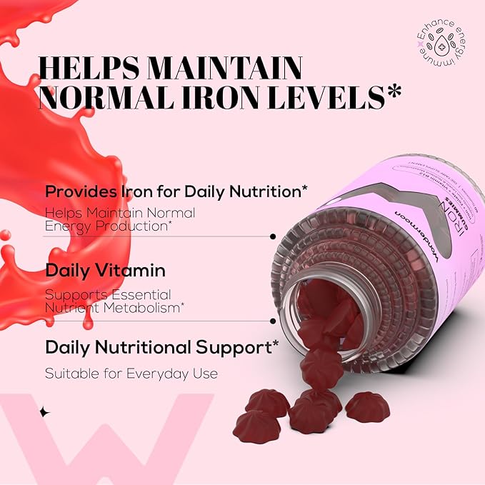 Wondermoon Iron Gummies for Women with Vitamin C Chewable Iron Supplement with B12 &amp Folate Cherry Flavor 60 Gummies