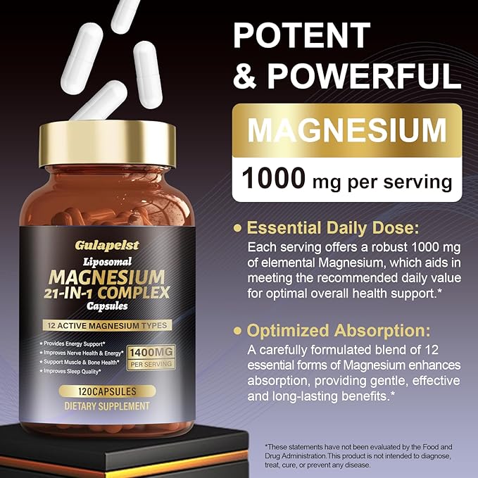 21 in 1 Liposomal 1400mg Magnesium Complex (Citrate Glycinate Malate etc) Capsule - 12 Active Types Magnesium with Vitamin D3 B6 B12 C Ashwagandha &amp CoQ10 for Women &amp Men - Support Bone