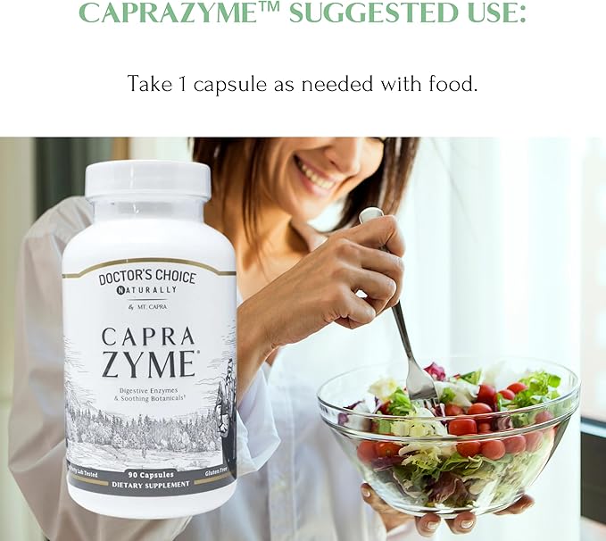 CapraZyme by Mt. Capra | Vegetarian Digestive Enzyme Supplement for Men and Women Amylase Lipase Bromelain Protease with Botanical Blend Grapefruit Ginger and Turmeric | 90 Capsules