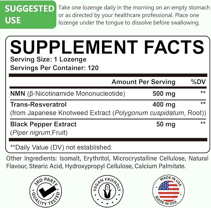 Sublingual NMN 500mg + Trans-Resveratrol 400mg 3-in-1 Advanced Formula 99% Pure NMN Resveratrol Supplement for Boost* NAD Cell Immune Energy &amp Muscle Anti-Aging 240 Lozenges 240-Day Supply