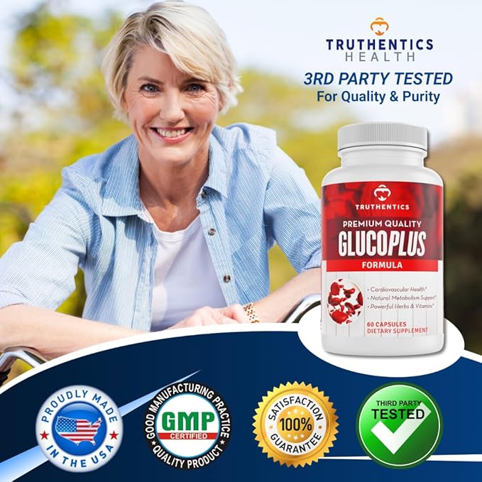TRUTHENTICS GlucoPlus - 20 Herbs Vitamins &amp Minerals with Cinnamon Chromium Vanadium Bitter Melon Alpha Lipoic Acid Magnesium - Gluten Free Non-GMO - 60 Capsules