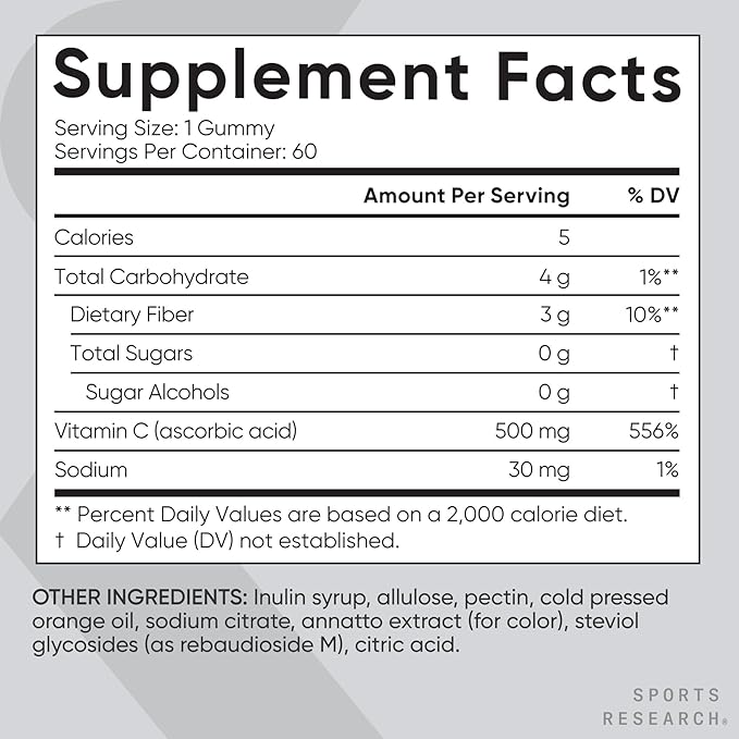 Sports Research­® Vitamin C Gummies | 500 mg Vitamin C | Sugar Free Gelatin Free Vegan Certified &amp Non-GMO Tested | Immune &amp Antioxidant Support 60 Gummies