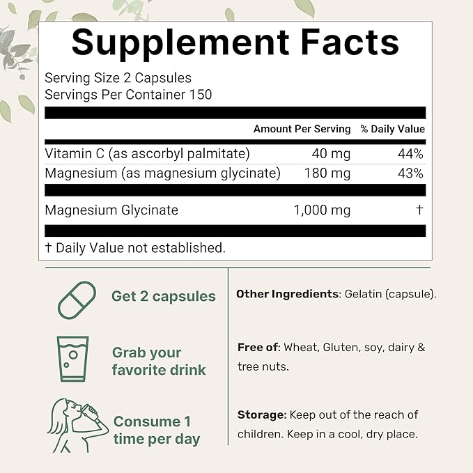 Pure Magnesium Glycinate 1000mg 300 Capsules | 100% Chelated for Max Absorption | Enhanced with Vitamin C | Only Uses Active Ingredients